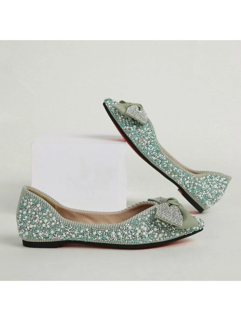 Women's Green Suede Pointed Toe Rhinestone Ballet Flat Slip On Party Dress Shoes